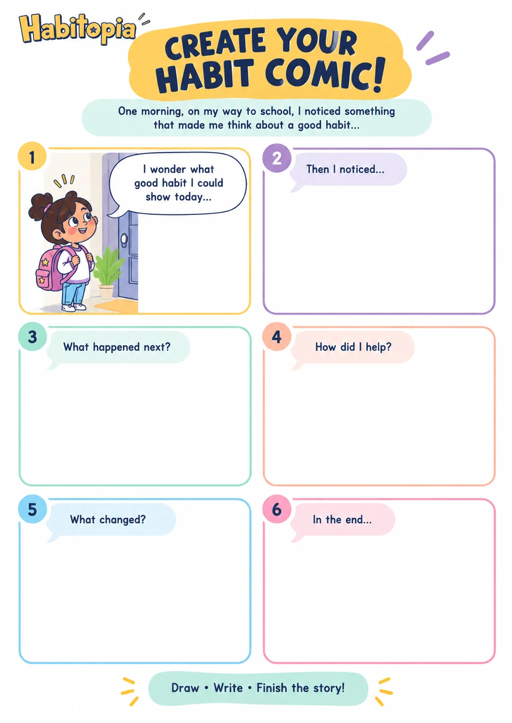 Create Your Habit Comic sheet with six panels to draw and write a story