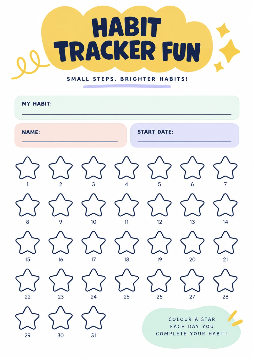 Habit Tracker Fun sheet with 31 stars to colour for daily habits